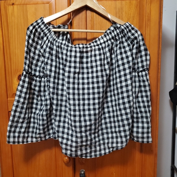 WHO WHAT WEAR off the shoulder plaid check top - Picture 2 of 5
